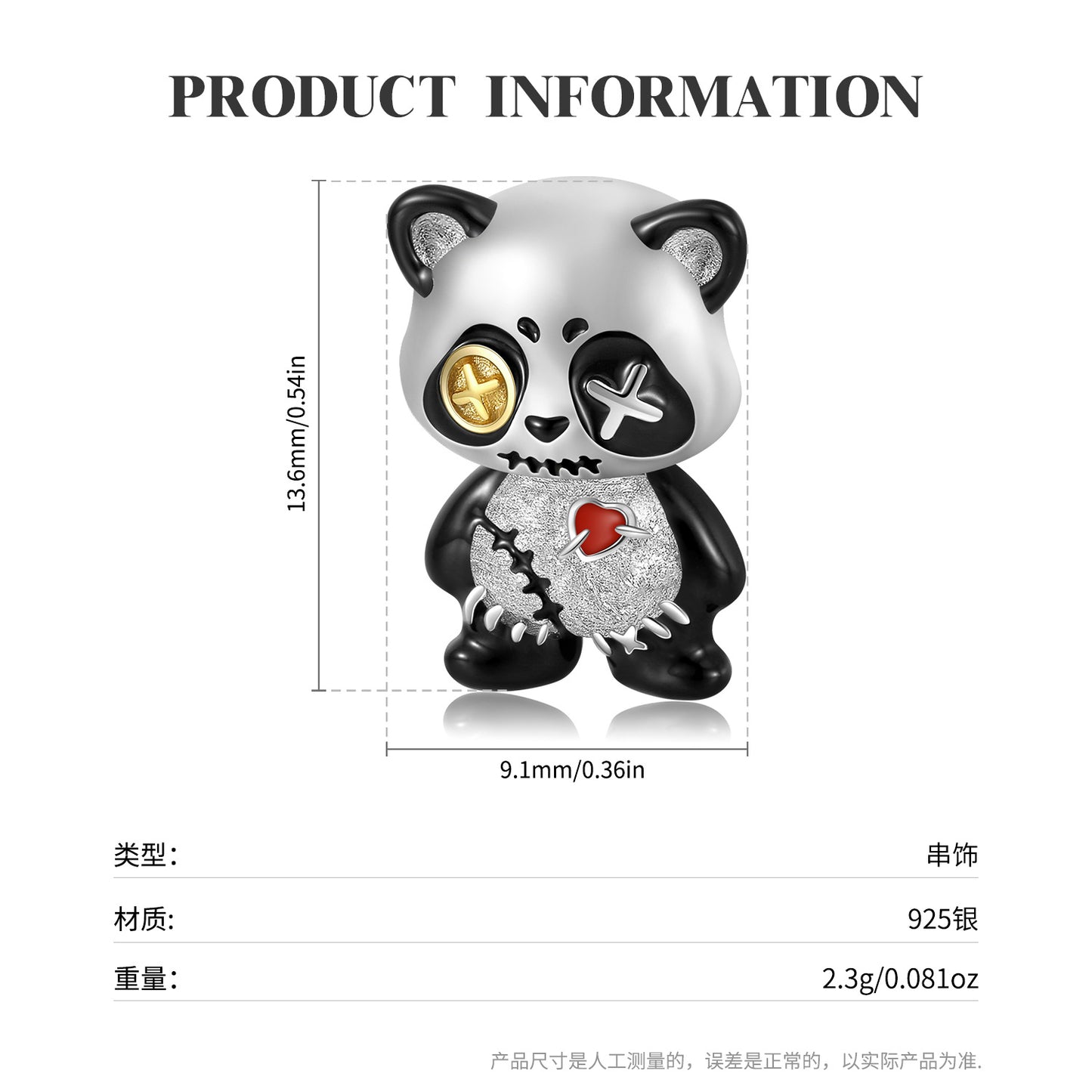 Original Design Panda Doll Charms for Bracelets in S925 Sterling Silver