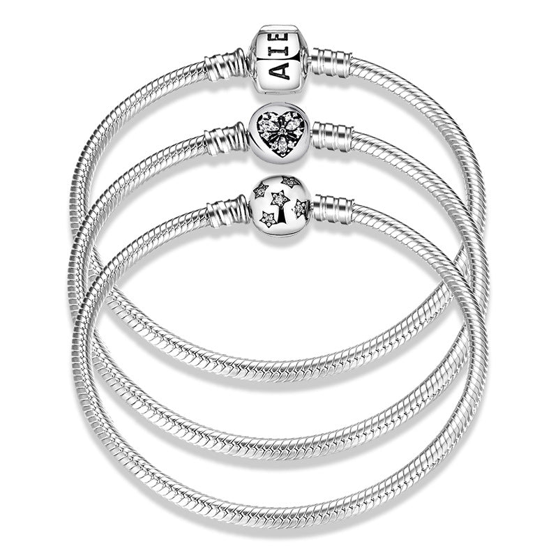 Reversible Skull Button Snake Bone Chain Bracelets Charm Holder in 925 Sterling Silver