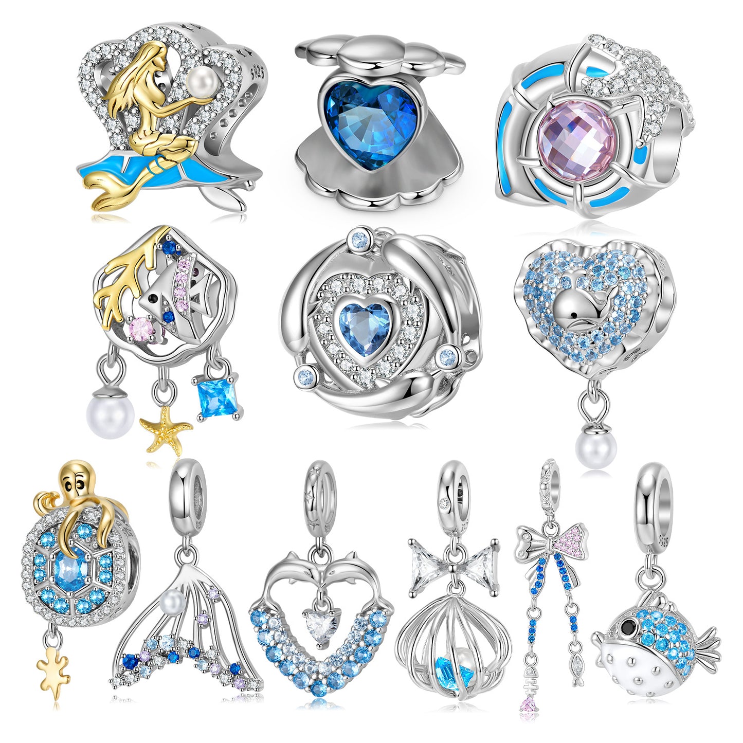 Original New Ocean Series Blue Dangle Charm for Bracelets and Necklaces in S925 Sterling Silver