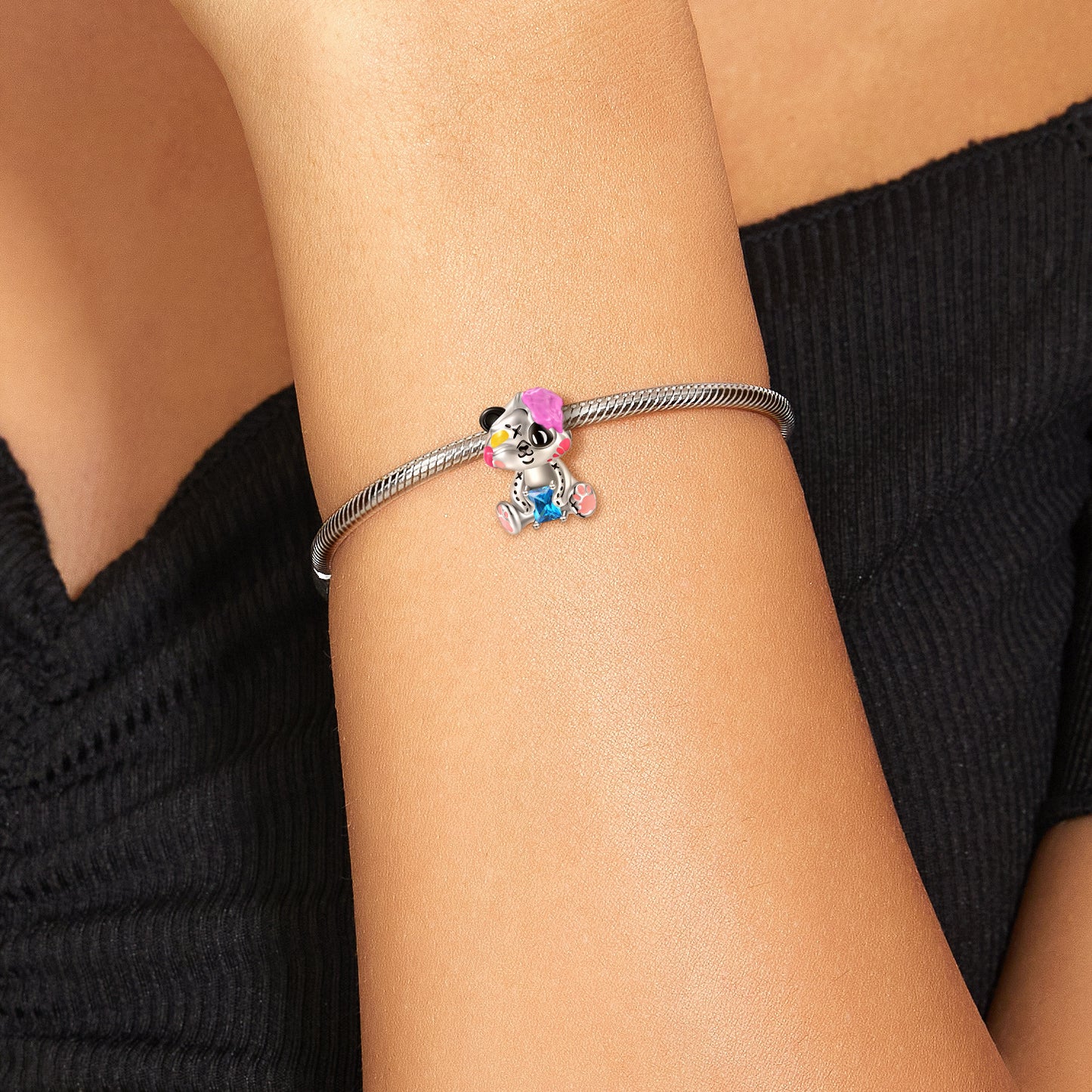 Color Epoxy Zircon Panda Charms for Bracelets in S925 Sterling Silver