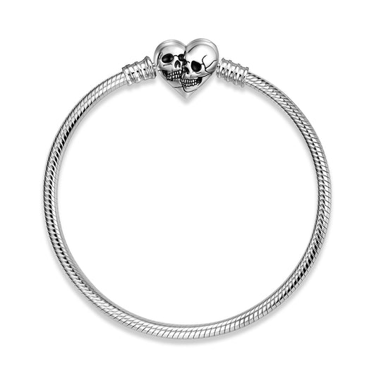 Reversible Skull Button Snake Bone Chain Bracelets Charm Holder in 925 Sterling Silver