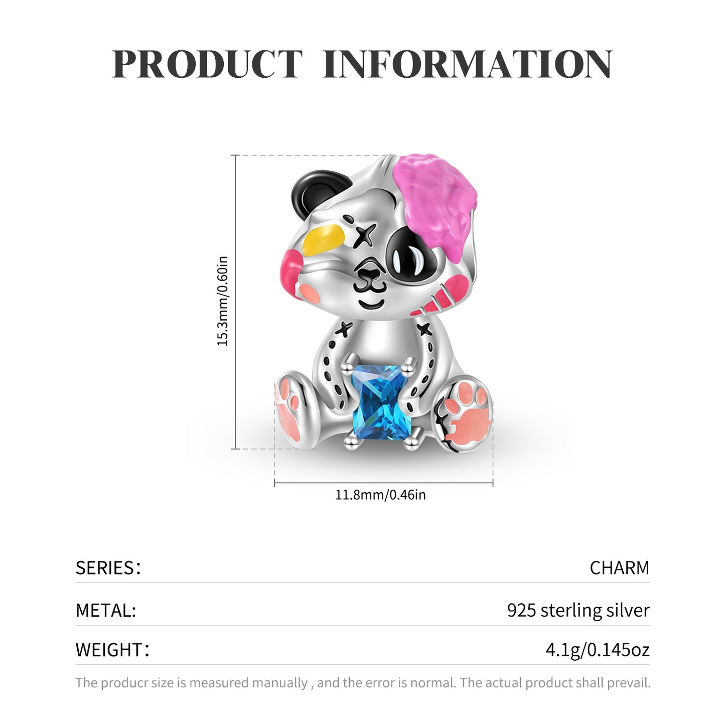 Color Epoxy Zircon Panda Charms for Bracelets in S925 Sterling Silver